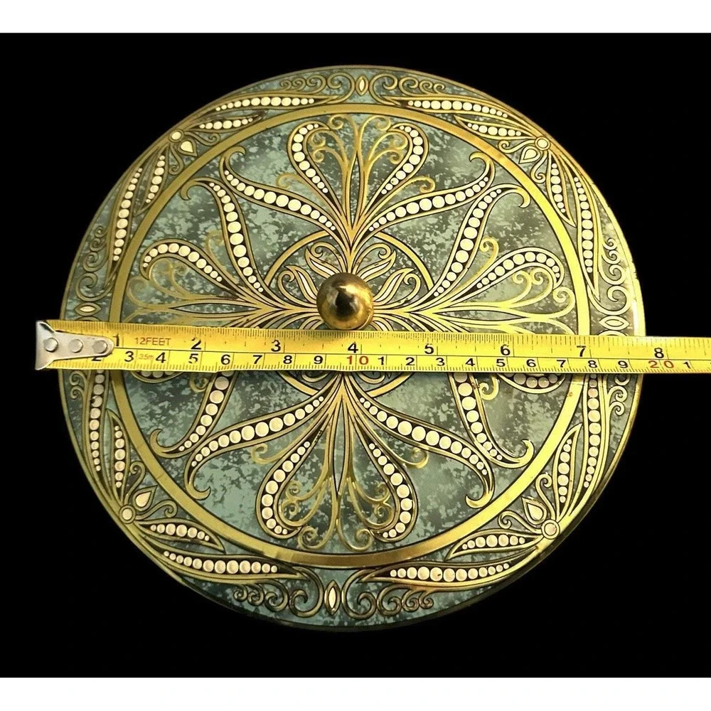 Vintage Daher Round Turquoise Gold White Mosaic Tin Brass Finial Made In England